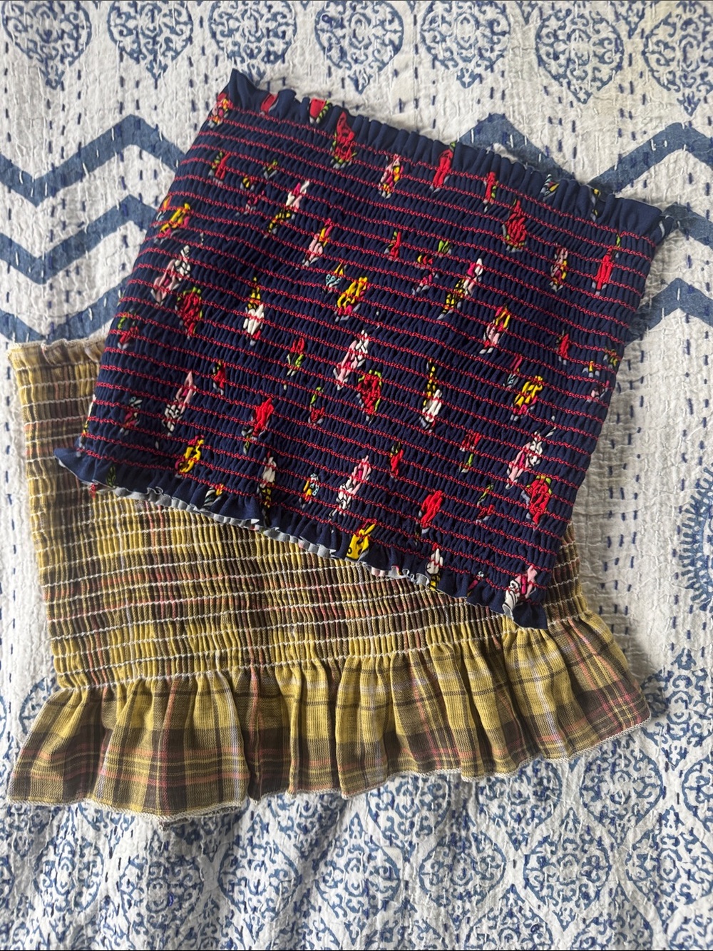 Navy Floral Smocked Tube Top with Ruffle Hem
